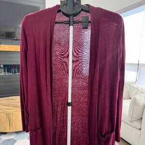 Susan Graver open front cardigan with 3/4 inch sleeves in Burgundy / Dark Wine.